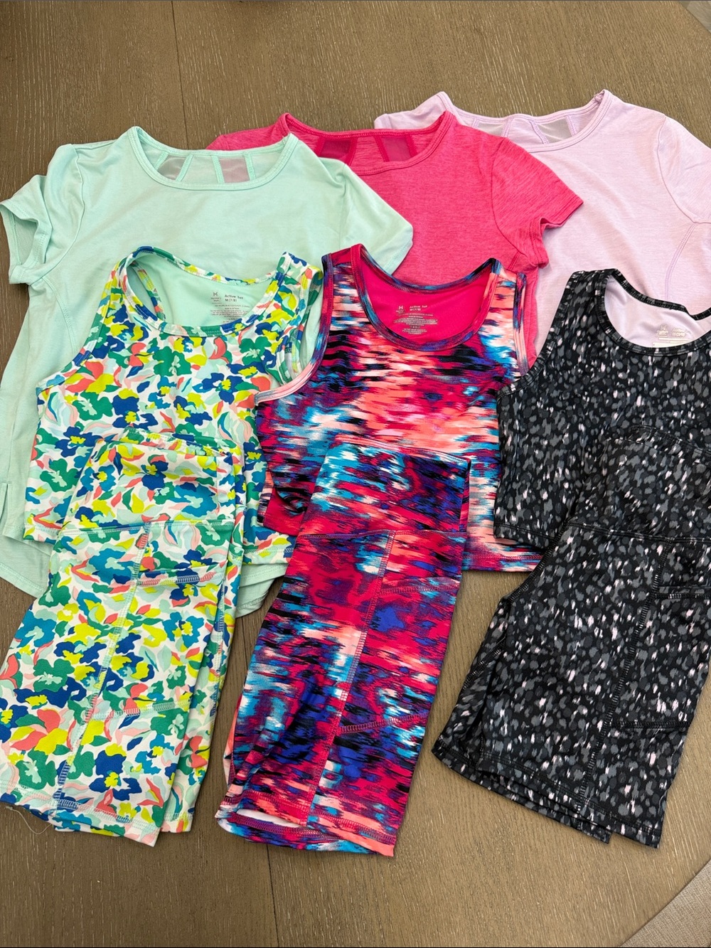 9 piece - Girls' Multi-Color Active Wear Set - Shirt, Sports Bra, and Bike Short